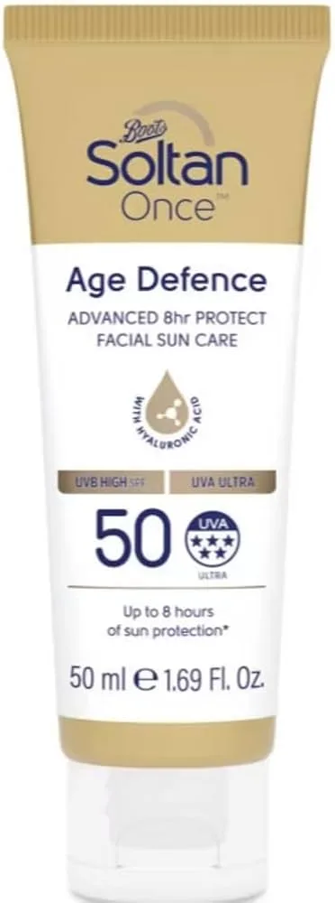 Boots Soltan Once Age Defence 8hr Protect Facial Suncare with Hyaluronic Acid SPF50 50ml