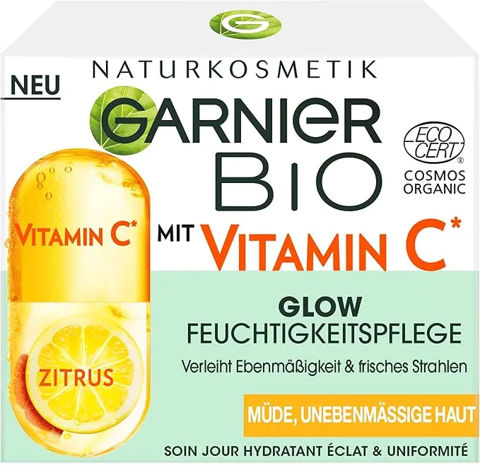 Garnier Day Cream with Vitamin C for a Radiant Complexion, Invigorating and Firming Moisturising Cream for Tired and Uneven Skin, Bio Glow, 50 Ml