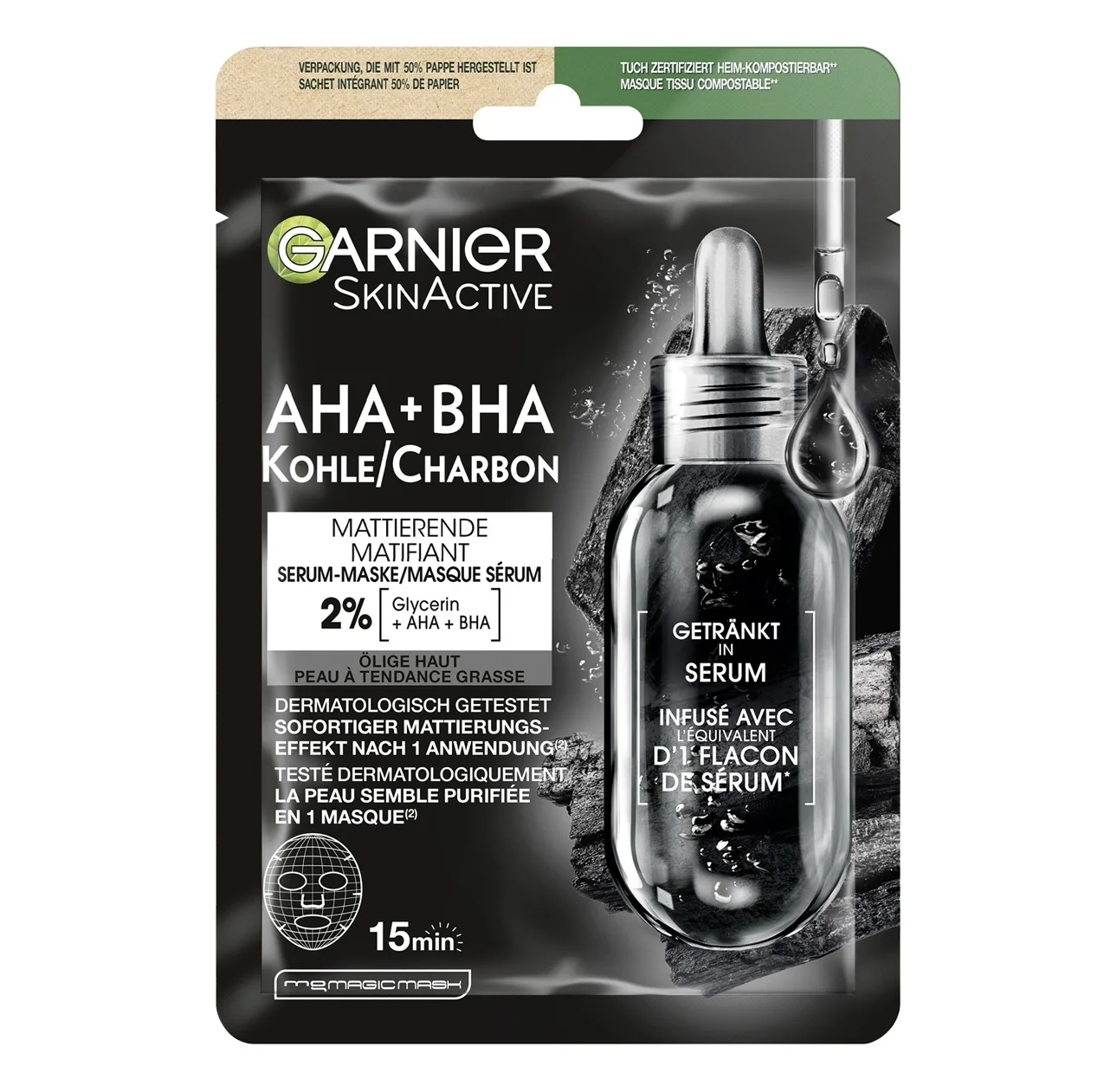 Garnier Skin Active Sheet mask serum AHA + BHA charcoal, 28 g