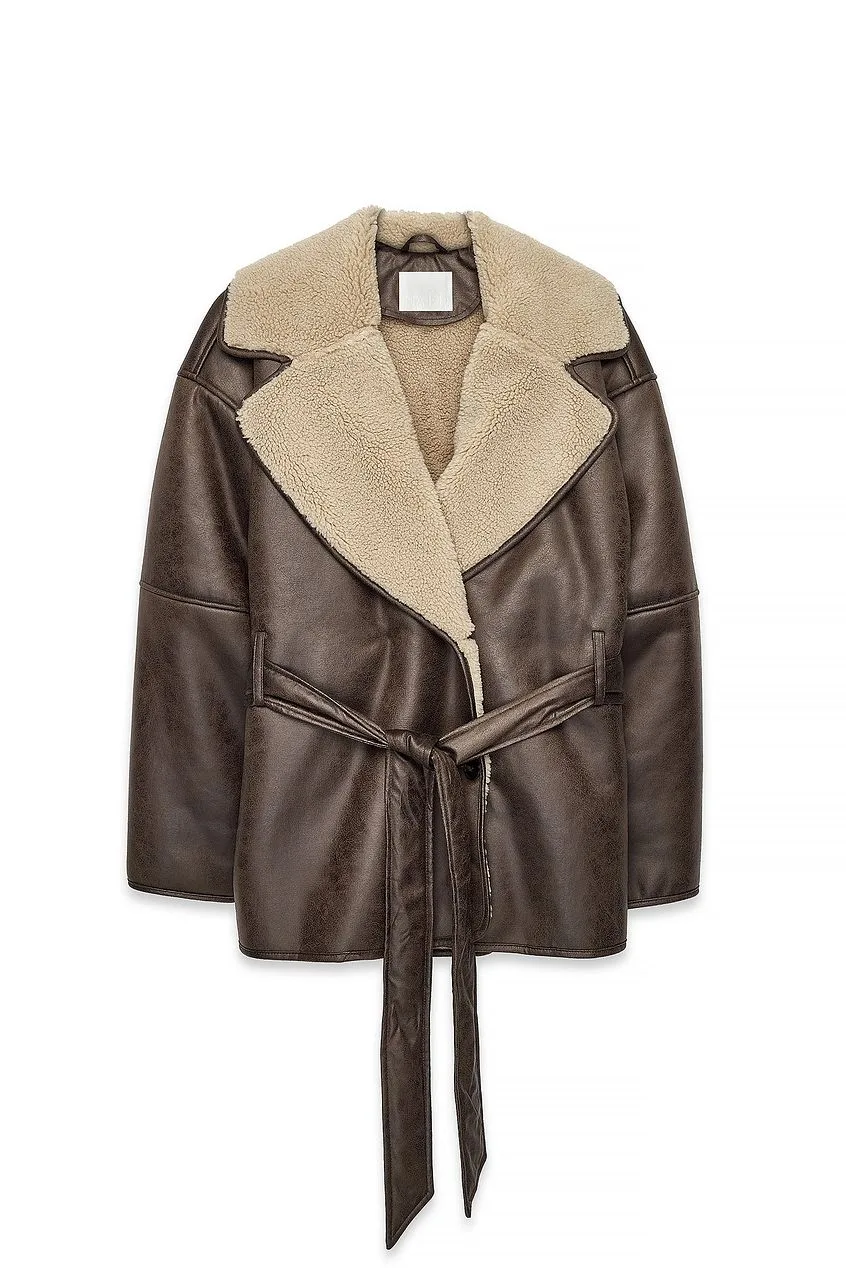 Size: 36-NA-KD Oversized Belted Shearling Jacket