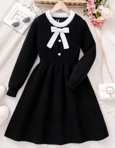 Size: 10years-Shein Autumn Elegant Big Girls Black And White Cable Knit Sweater Dress