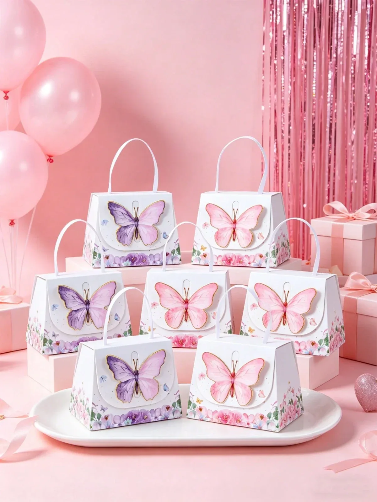 10 Pink and Purple Butterfly Pattern Gift Boxes with Handles, Beautiful Butterfly and Flower Design Gift Bags,
