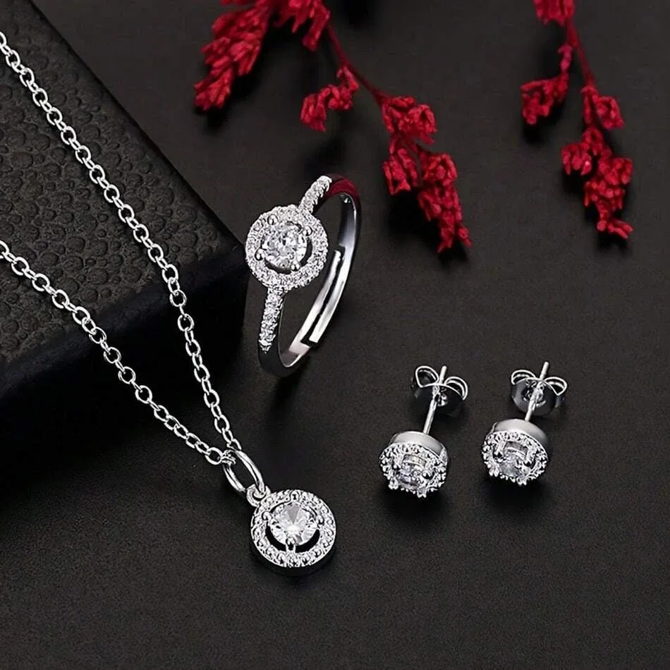 3-piece women's jewelry set, 925 sterling silver plated - cubic zirconia necklace, ring, and earrings - perfect for wedding