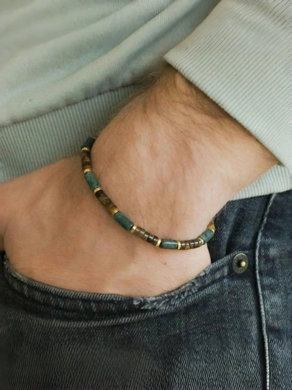 Vintage style money bead bracelet, casual green agate and tiger's eye cylinder, attracts wealth,