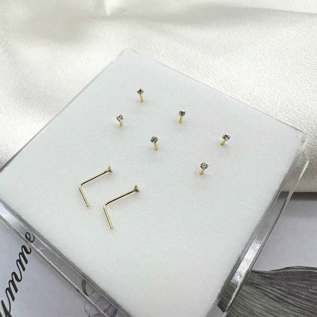 6 x 925 Sterling Silver Nose/Ear Pins with Rhinestones in an L Shape