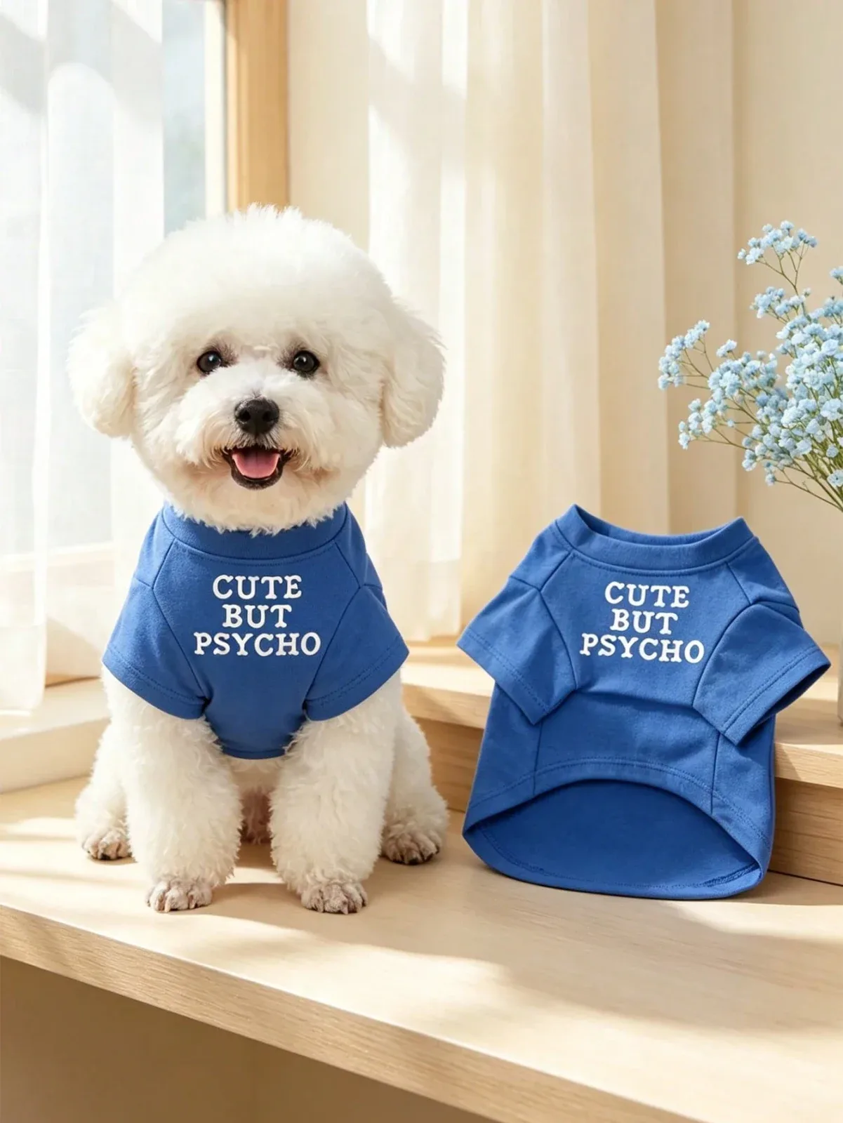 This lightweight blue pet outfit features a crew neck t-shirt design with a letter print, suitable for cats and small dogs.