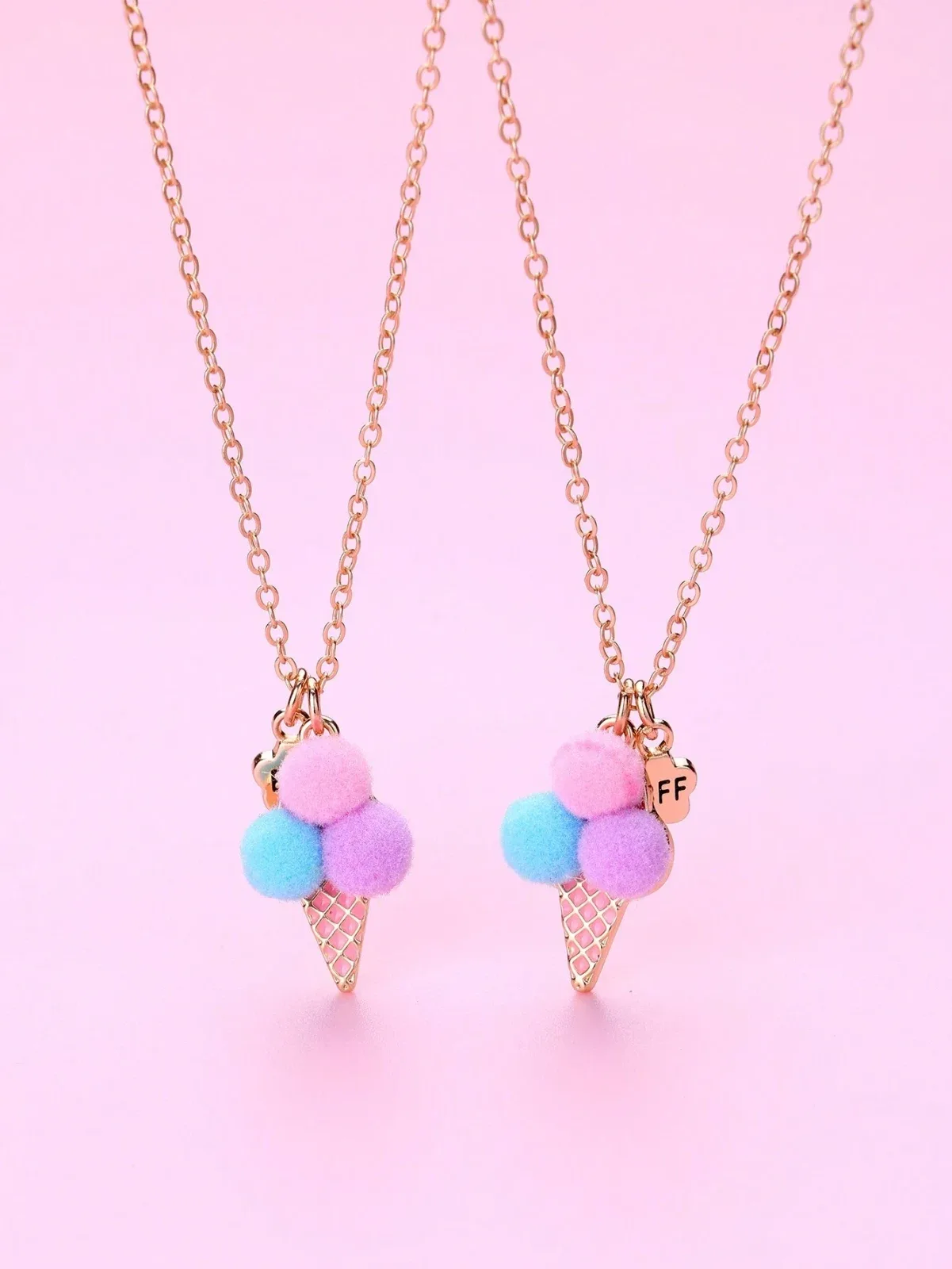2-piece set of girls' plush ice cream balls, colorful zinc alloy oil drip pendant necklacess,
