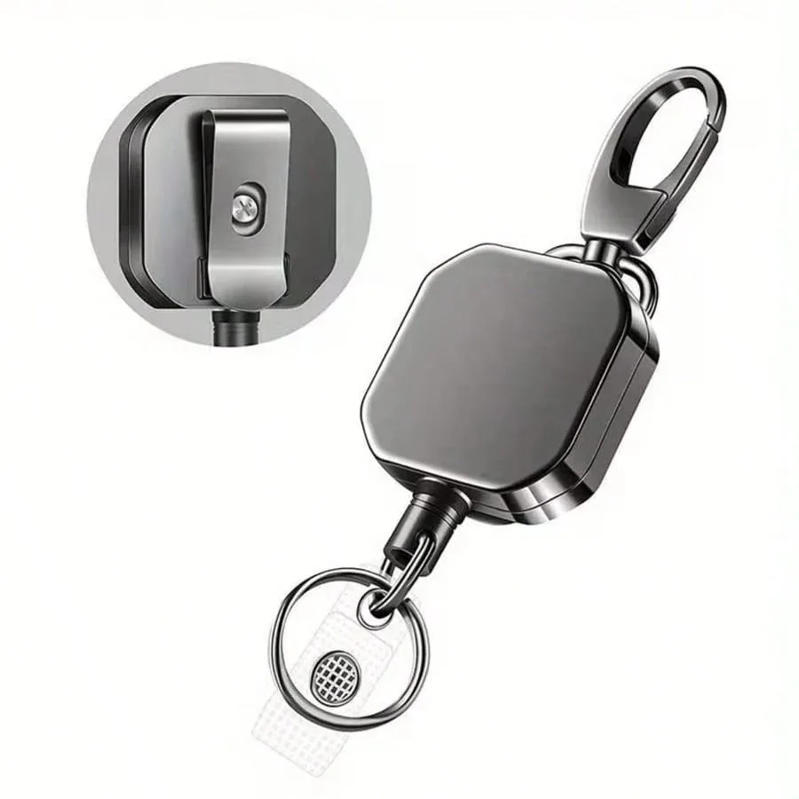 Heavy-duty retractable card holder - Durable zinc alloy metal construction, strong steel wire lanyard, carabiner clip, key ring