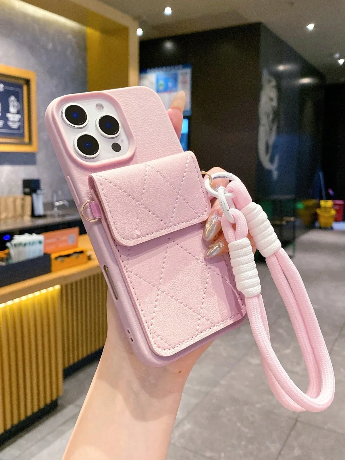 Pink TPU leather phone card case with a diamond pattern, solid color leather wallet case with wrist chain, compatible with iPhone 17 Pro