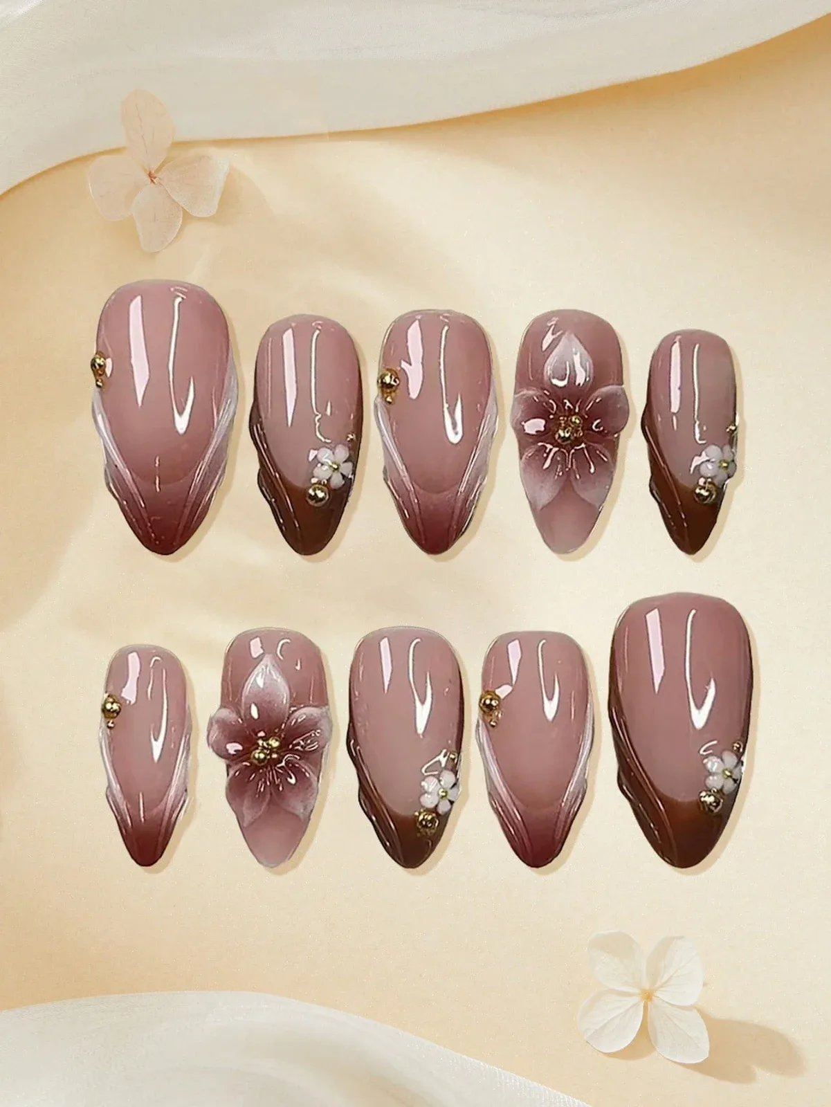10 pieces of medium almond-shaped floral French manicure nails, handmade acrylic nails, Y2K DIY gradient false nail set