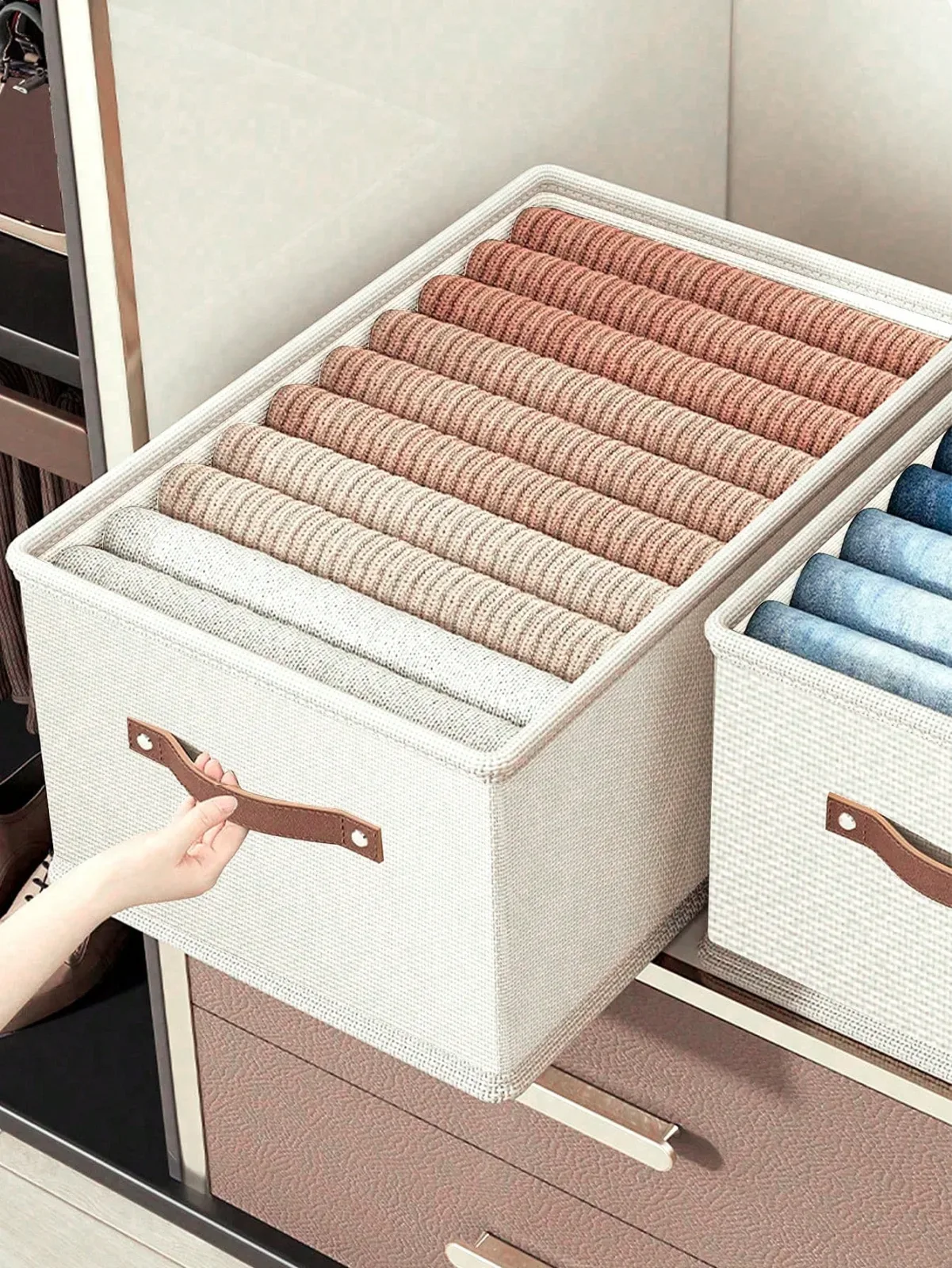 2 XXL Beige Fabric Foldable Underwear Storage Box, Oxford Cloth Drawer Style Clothes Organizer,