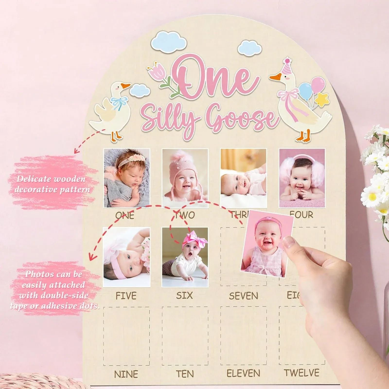 Silly Goose Wooden Photo Board, Goose-Themed Birthday Party Decoration, 12-Month-Olds Photo Frame, First Birthday Banner,