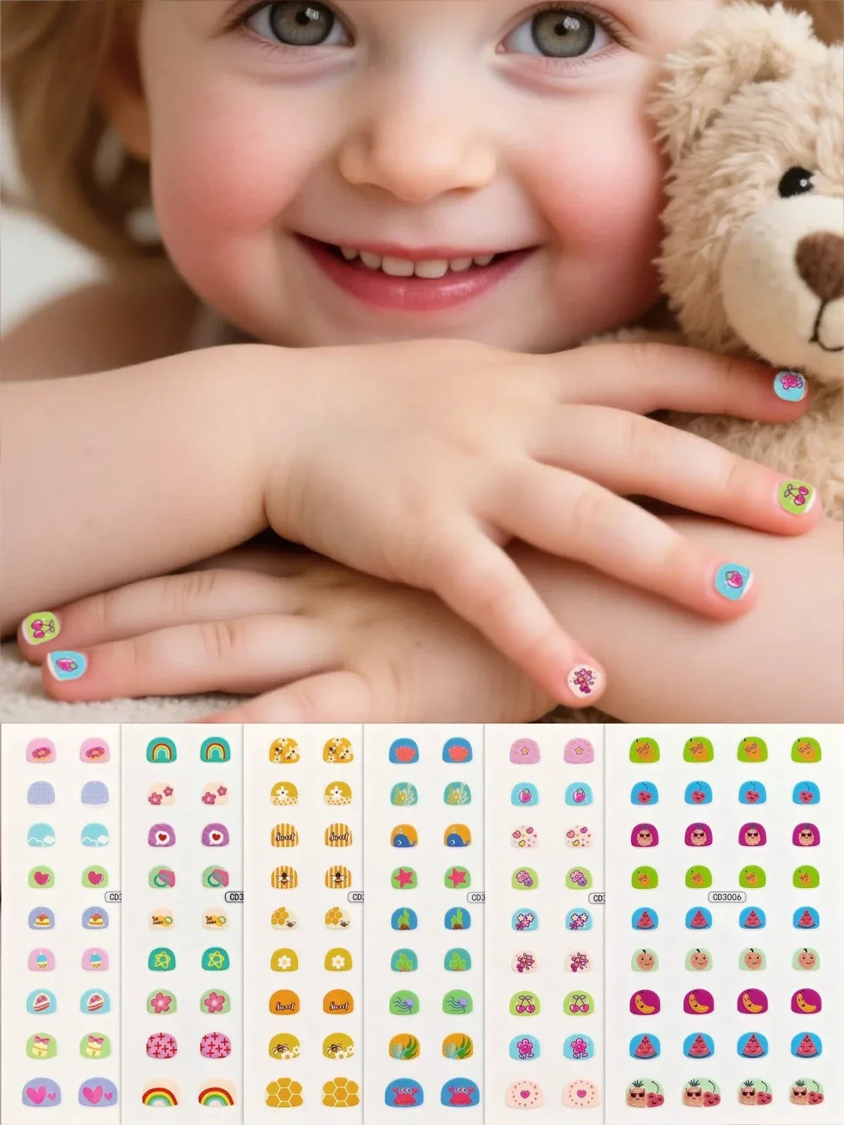 6 sheets (108 pieces) of cute pink bunny and cartoon flower nail art stickers, perfect for kids' nail decorations