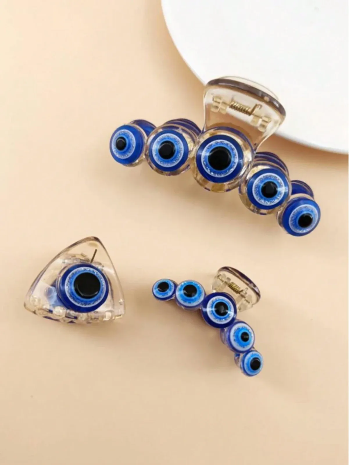 3pcs/pack Clear Plastic Hair Clips with Blue Devil's Eye Design for Women, Bohemian Style Hair Accessories