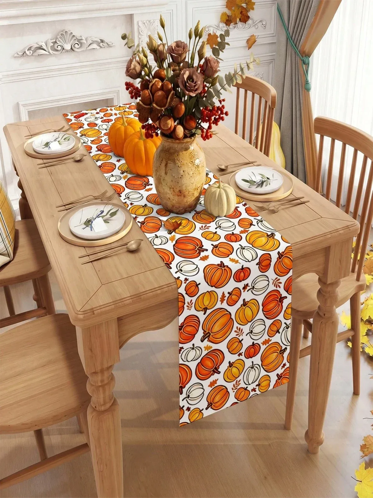 One piece 35*180cm autumn-themed table runner, pumpkin pattern tablecloth in an autumn style