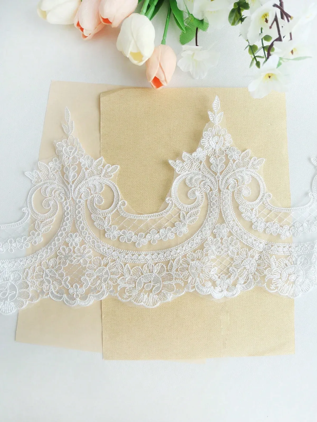 Classic lace embroidery trim with crystal embellishments, a decorative accessory for home textiles and DIY clothing