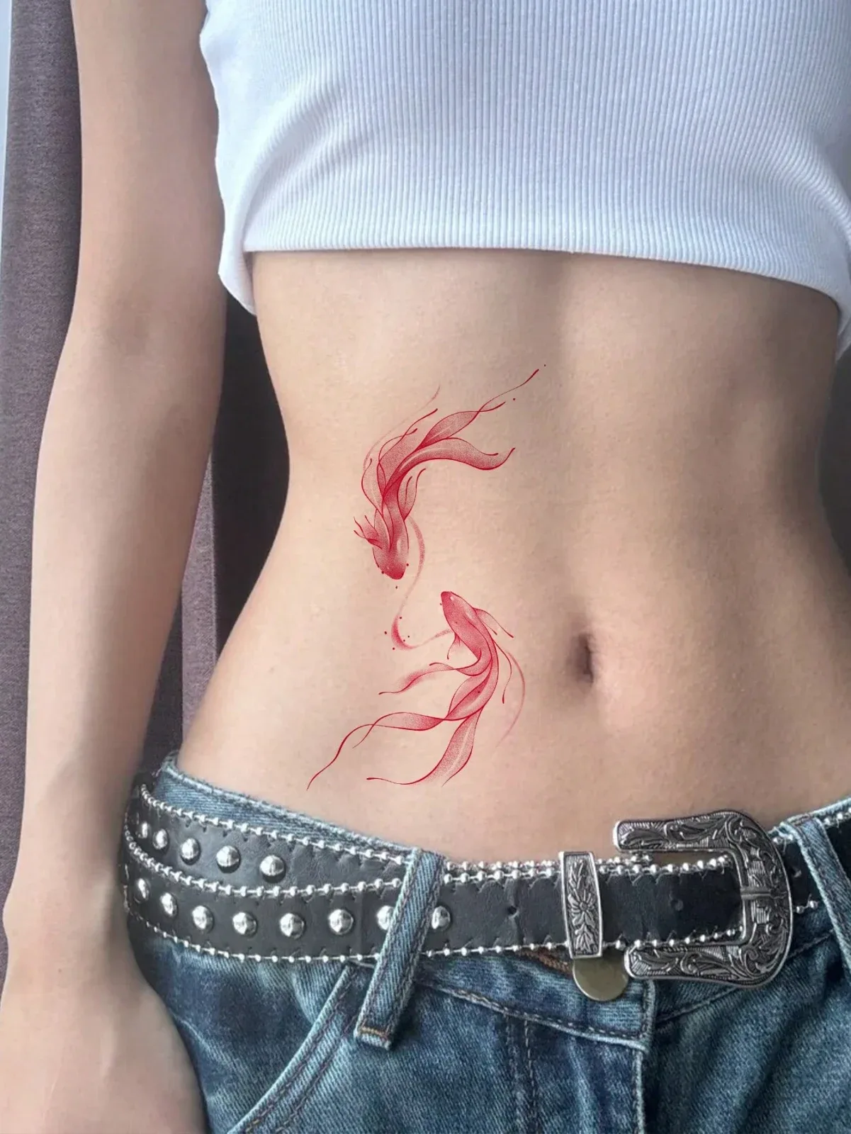 1 piece of stylish temporary tattoo with a goldfish design in red ink for waist and collarbone