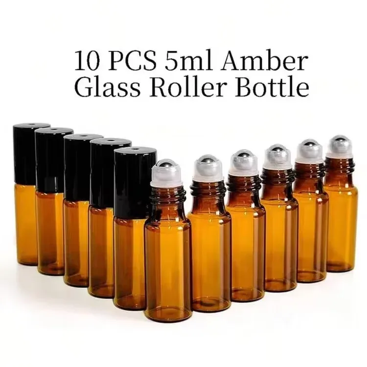 FIGHTYU 10pcs/pack Amber Glass Roller Ball Bottles, 5ml/bottle, designed for essential oil samples