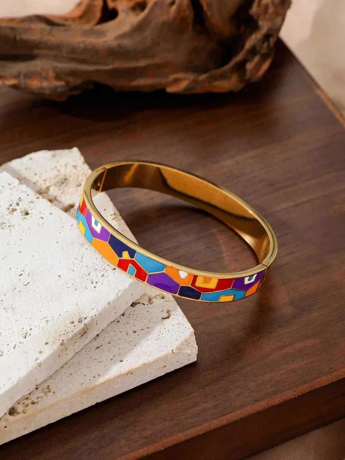 Women's 18K gold-plated stainless steel bracelet with a modern, custom design and a colorful teardrop effect
