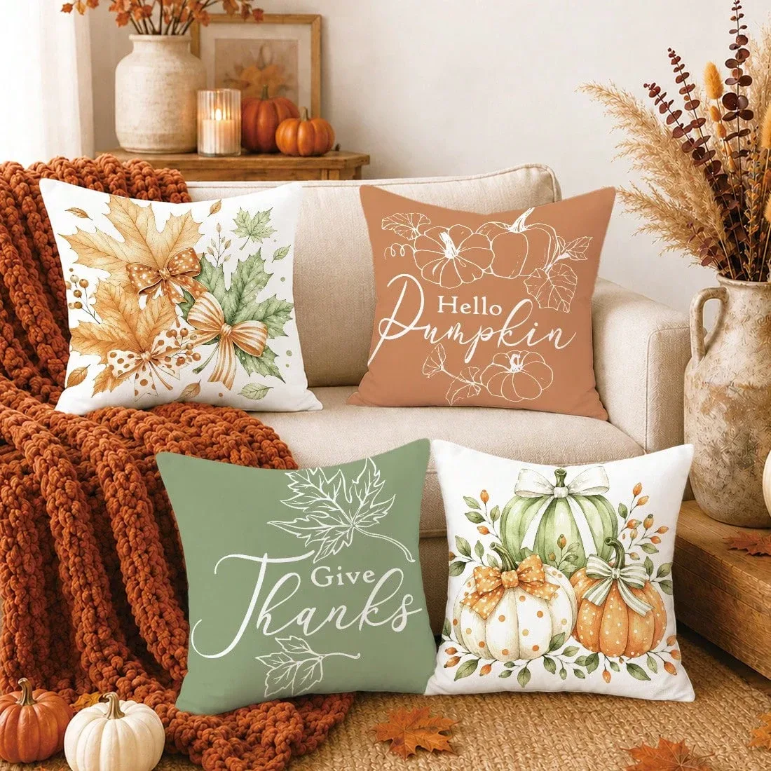 4-piece set of simple orange and autumnal green cushion covers with maple leaves and pumpkins, printed on one side