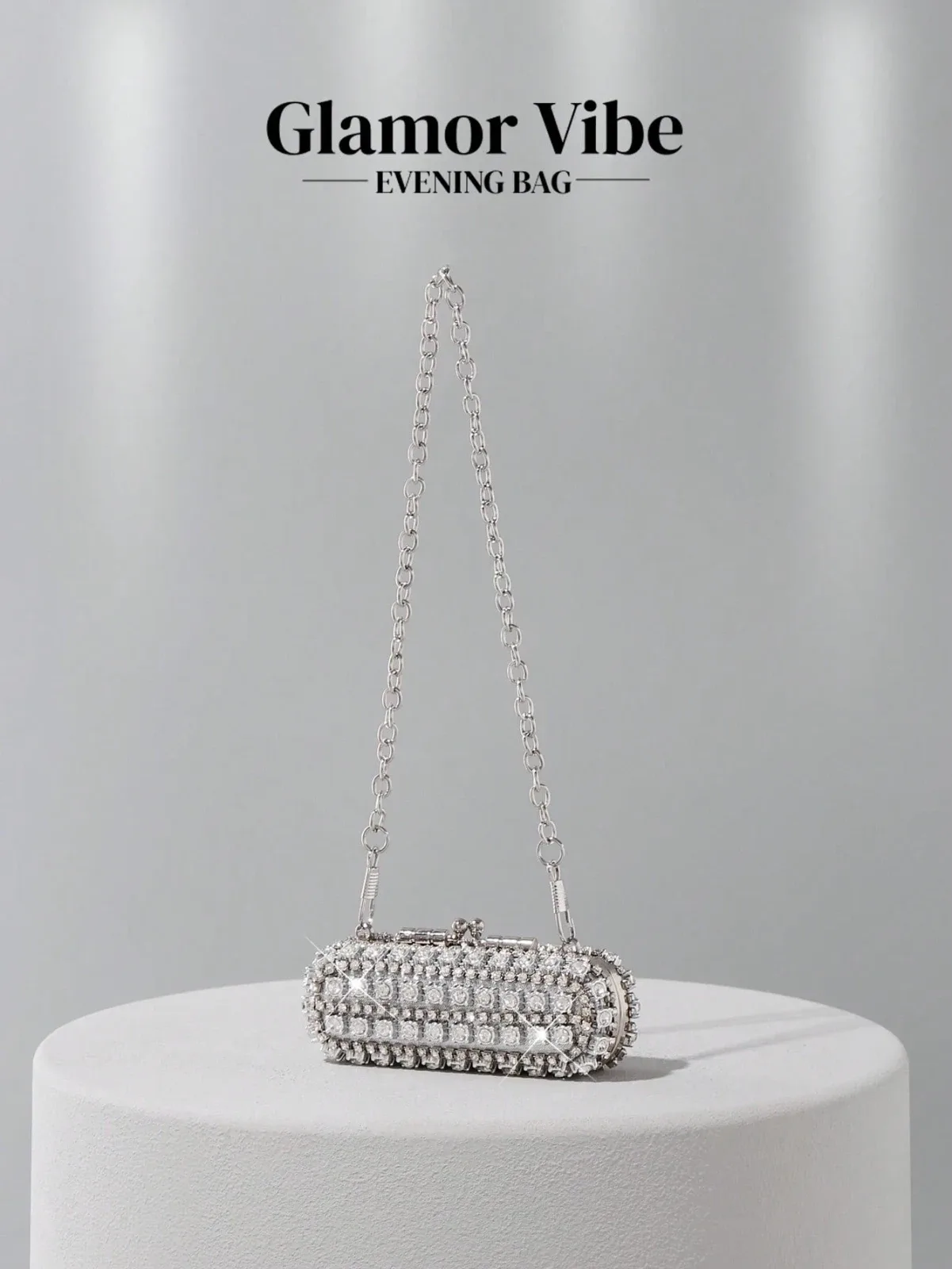 Women's evening clutch bag, small lipstick case studded with sparkling diamonds and a makeup mirror,