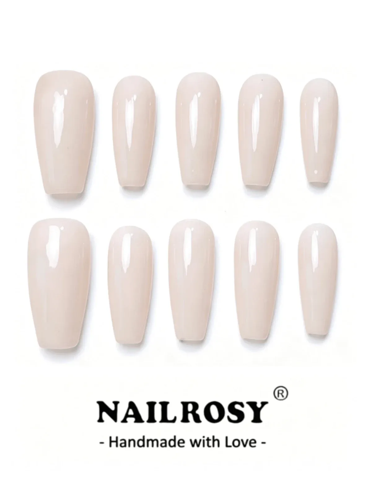nailrosy 10 Pieces Wearable Nails in Beige Nude and Milky Pink Glitter, Coffin/Almond Shape Nail Set,