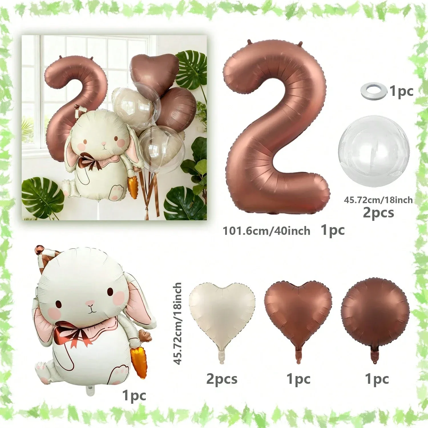 Animal-themed foil birthday balloon set - Bunny foil balloons and coffee-colored number balloons (0-9), suitable for animal-themed birthday party decorations, baby showers,