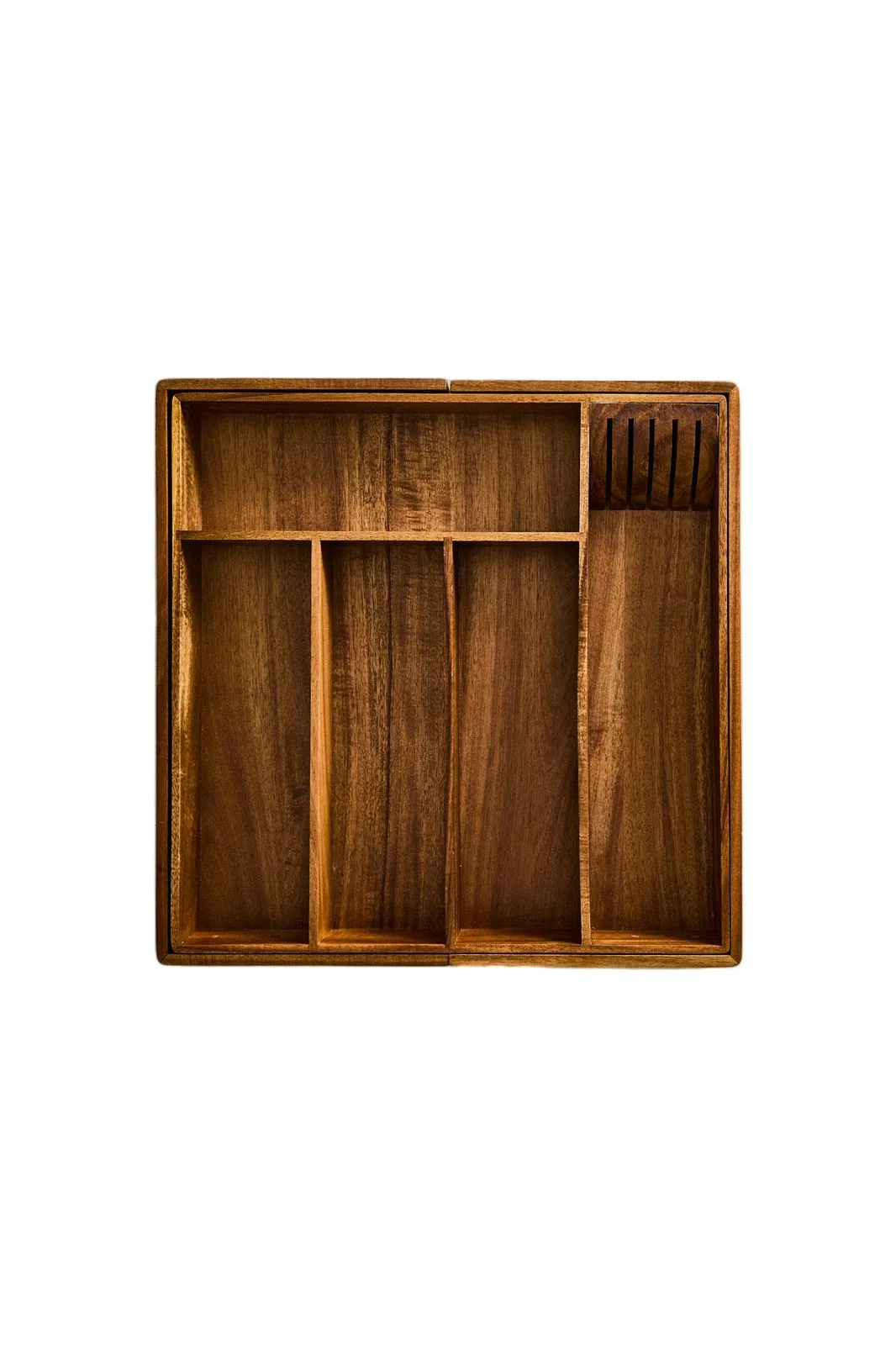 Extendible wooden cutlery tray with five main spaces and two additional ones when extended, one for knives.