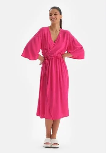 Size: 40- Dagi Women's Fuchsia High Fashion Knitted Short Sleeve Dress Swimwear Cover Up
