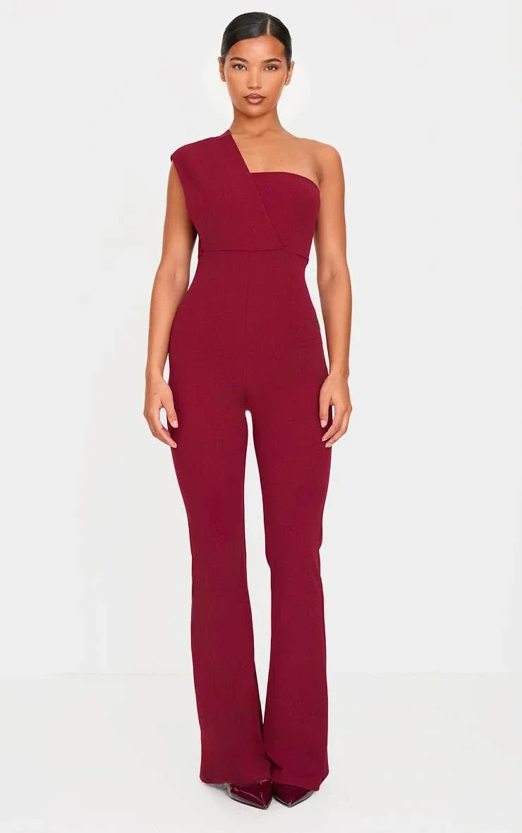 Size: 36- Prettylittlething BURGUNDY ONE SHOULDER DRAPE DETAILED JUMPSUIT