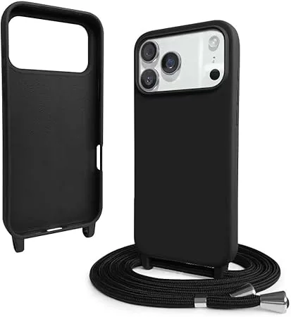 Crossbody case compatible with iPhone 17 Pro, cover with adjustable neck strap and lanyard, soft black silicone
