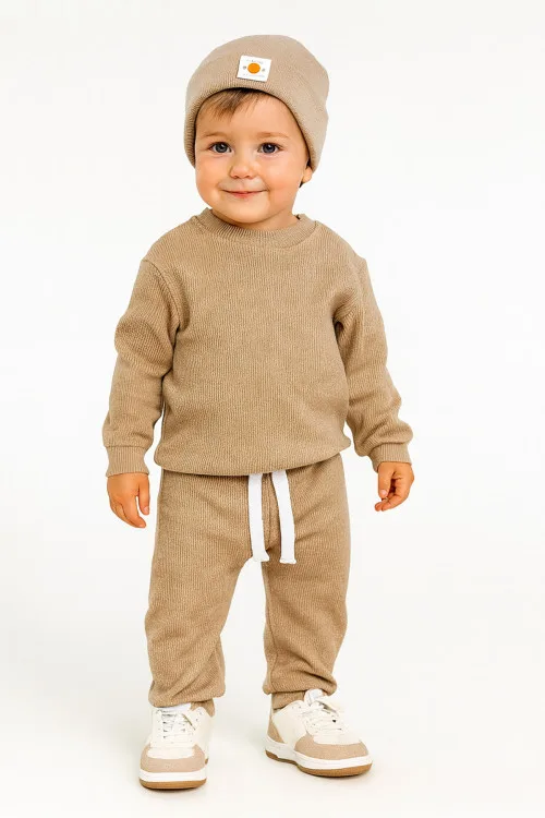 Size: 3-6month AKIF CLOTHING  Soft Cotton Beanie 3-Piece Set Beige