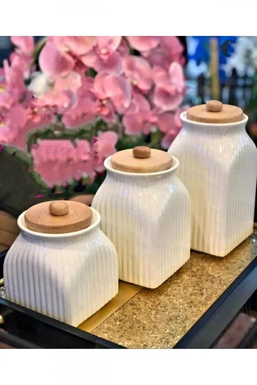 Karçiçeği Home  3-Piece Porcelain Tea, Coffee, and Sugar Jar Set with Bamboo Lids, Bridal Set with Gift Label