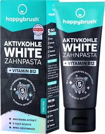 happybrush Zahnpasta Aktivkohle White mit Vit. B12, 75 ml