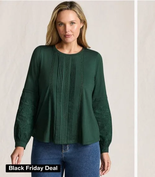 Size: 2xl-Lands' End Plus Size Lightweight Jersey Lace Mix Long Sleeve Pintuck Top