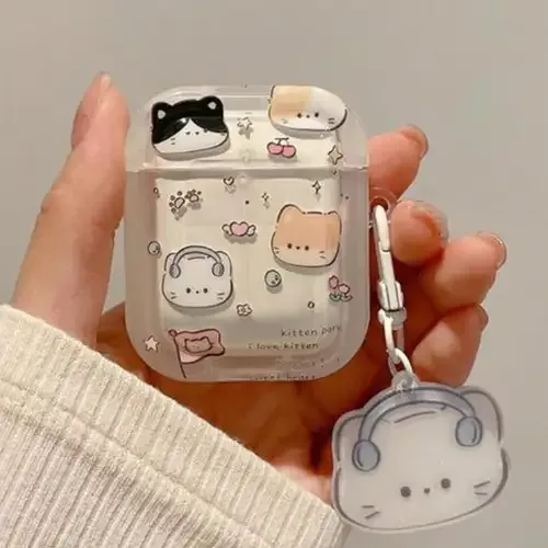 White TPU Cartoon Cute Earphone Case With Cat Pattern