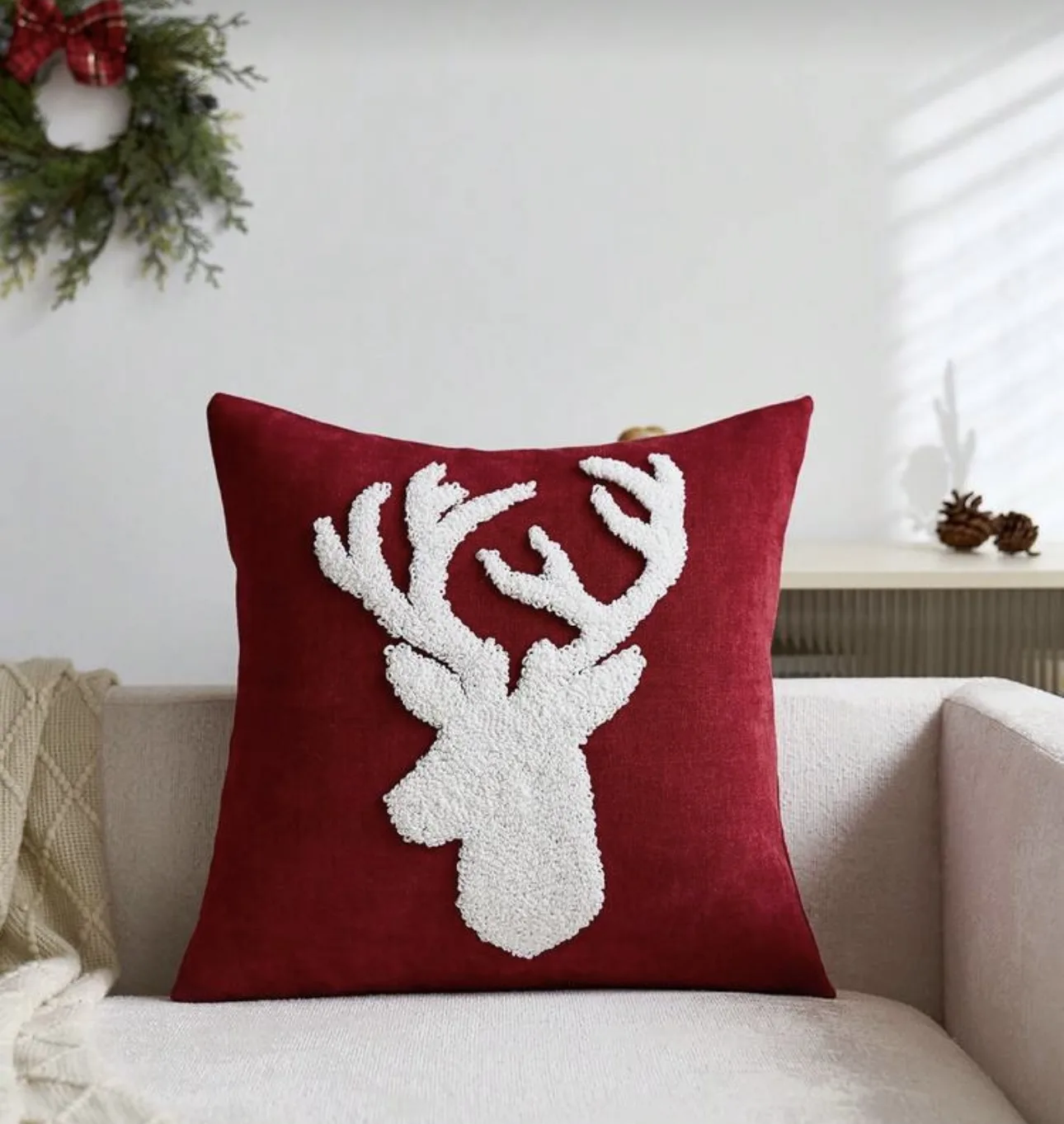 Christmas Red Deer Embroidered Plush Cushion Cover,