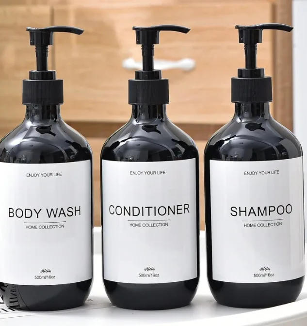 3pcs/Set, 16.9oz/500ml Black Refillable Shampoo And Conditioner Dispenser Bottles