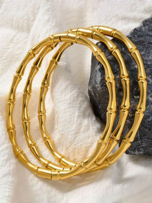 3pcs/Set Retro Simple Women's Stainless Steel Bamboo Design Bracelet