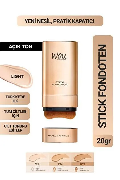 WOU World of Unique Stick Foundation, Conveyor Brush Included, 2 in 1, 20g, Light Shade