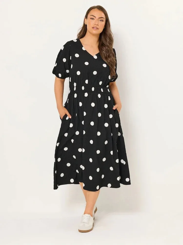 Size: 34-36-Yours Curve Black Textured Smock Midi Dress