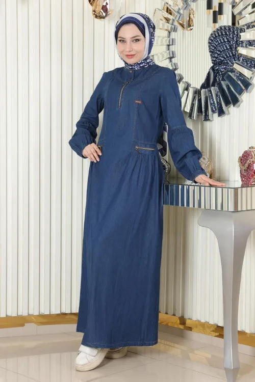 Size: 42- Moda Mihra Denim Dress with Zipper Detail, Dark Blue 19138